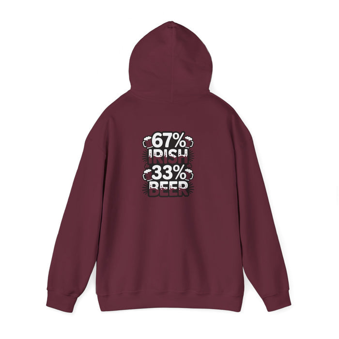royal blue hoodie with 67 percent irish 33 percent beer pub fan graphic