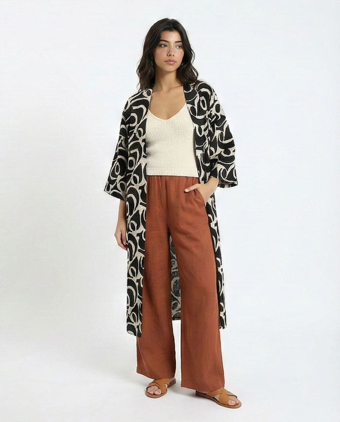 Abstract Graphic Longline Kimono Cardigan - R216605
