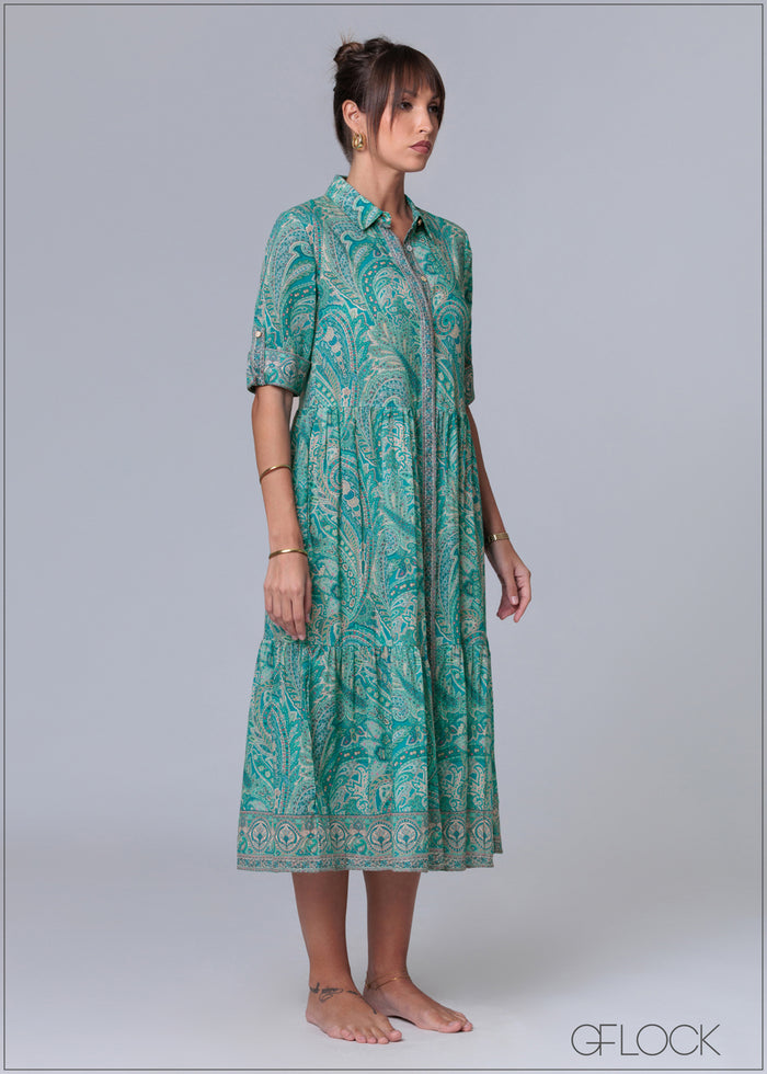 Aqua Printed Midi Shirt Dress - 231125