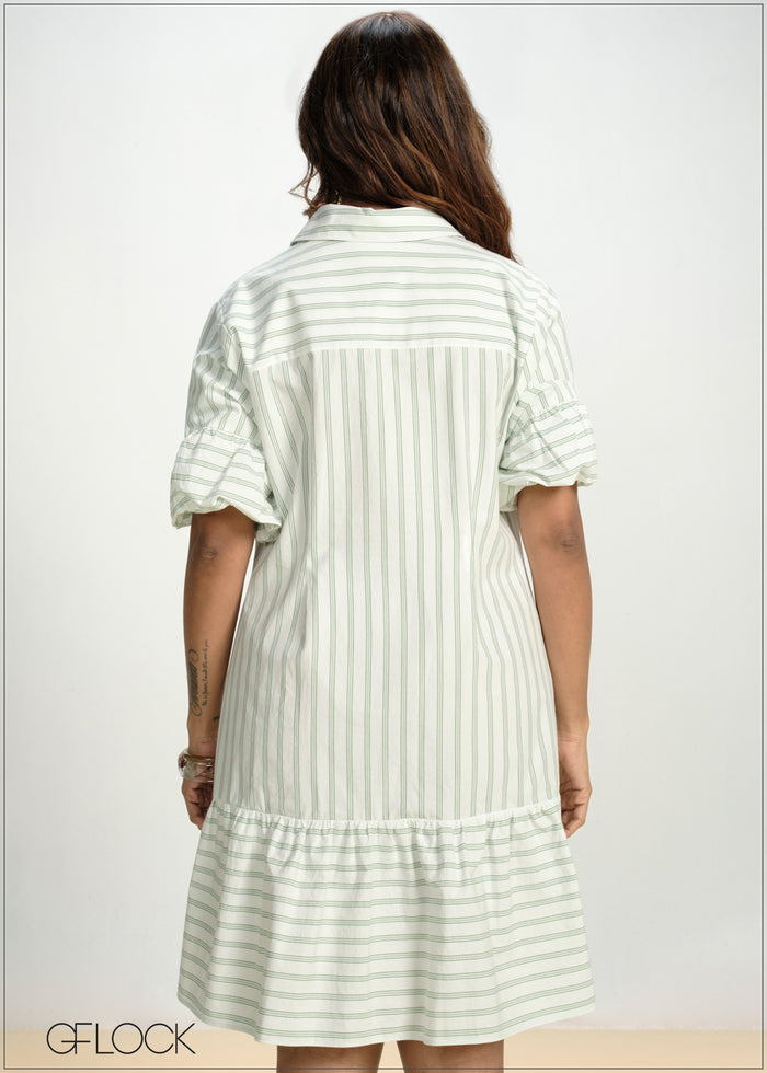 Balloon Sleeve Short Stripe Dress - 130826