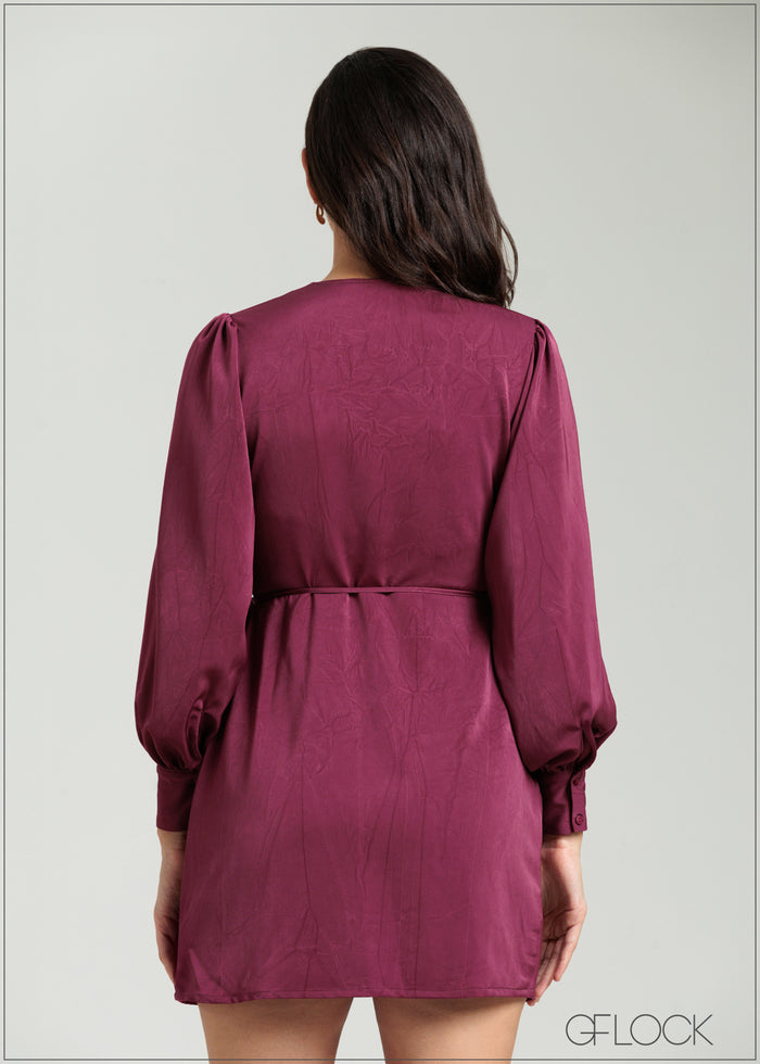Balloon Sleeve Wrap Mini Dress - 080825