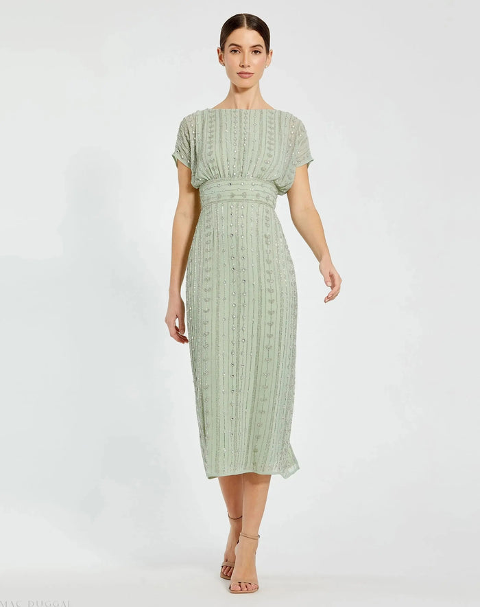 Green Beaded Cap Sleeve Empire Waist Sheath Midi Dress - Mac Duggal