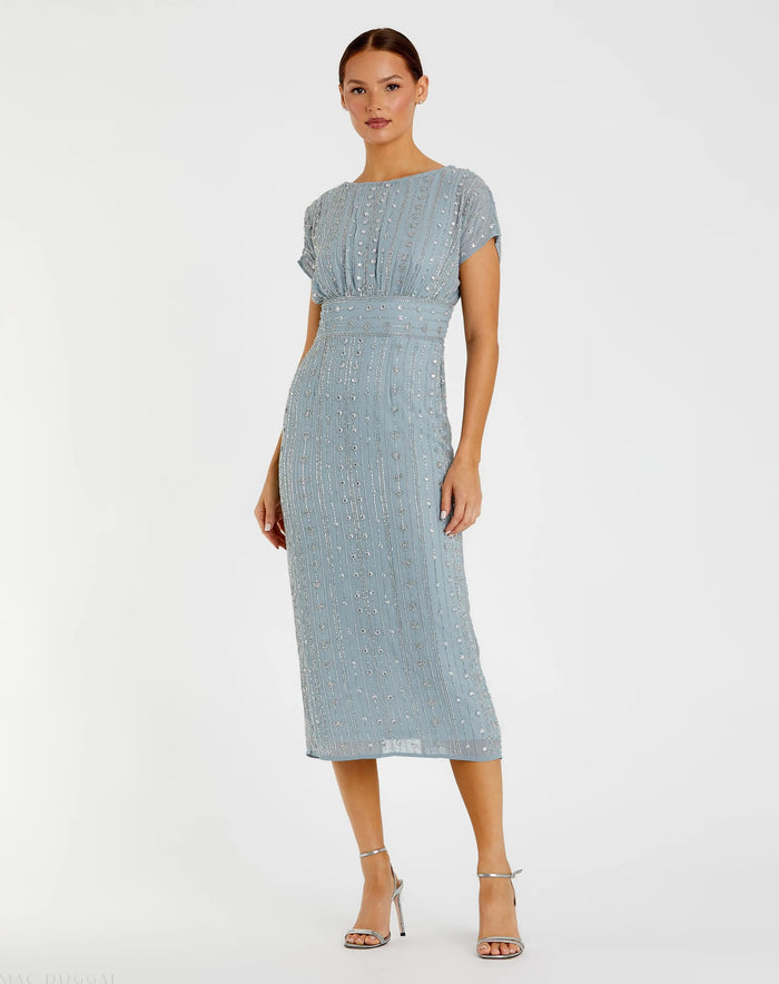 Blue Beaded Cap Sleeve Empire Waist Sheath Midi Dress - Mac Duggal