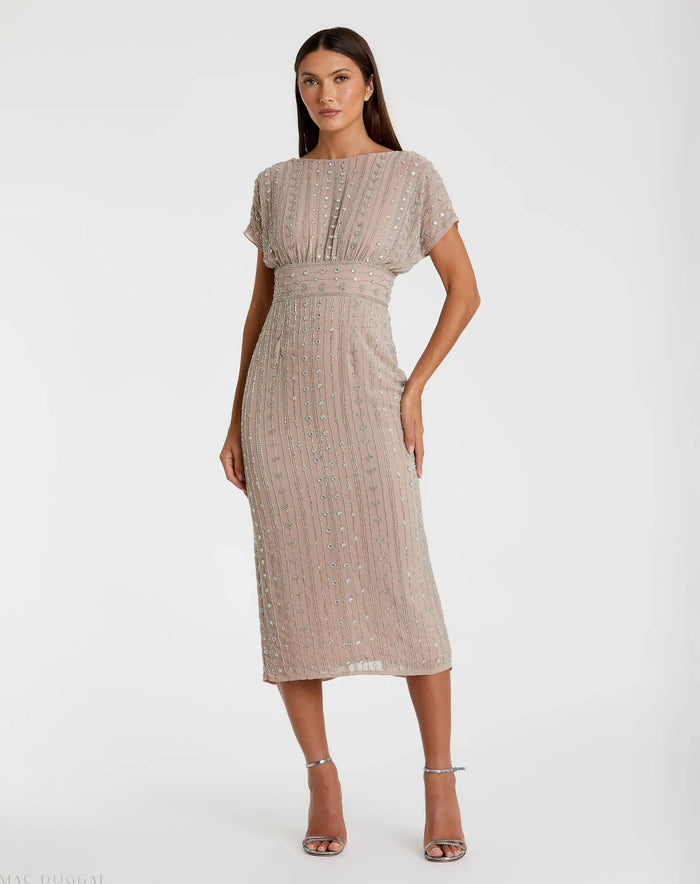 Beige Beaded Cap Sleeve Empire Waist Sheath Midi Dress - Mac Duggal