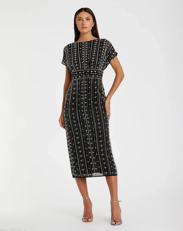 Black Beaded Cap Sleeve Empire Waist Sheath Midi Dress - Mac Duggal