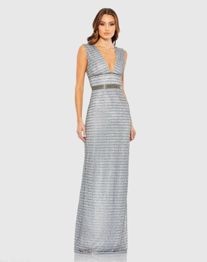Silver Beaded Cap Sleeve V Neck Column Gown - Mac Duggal