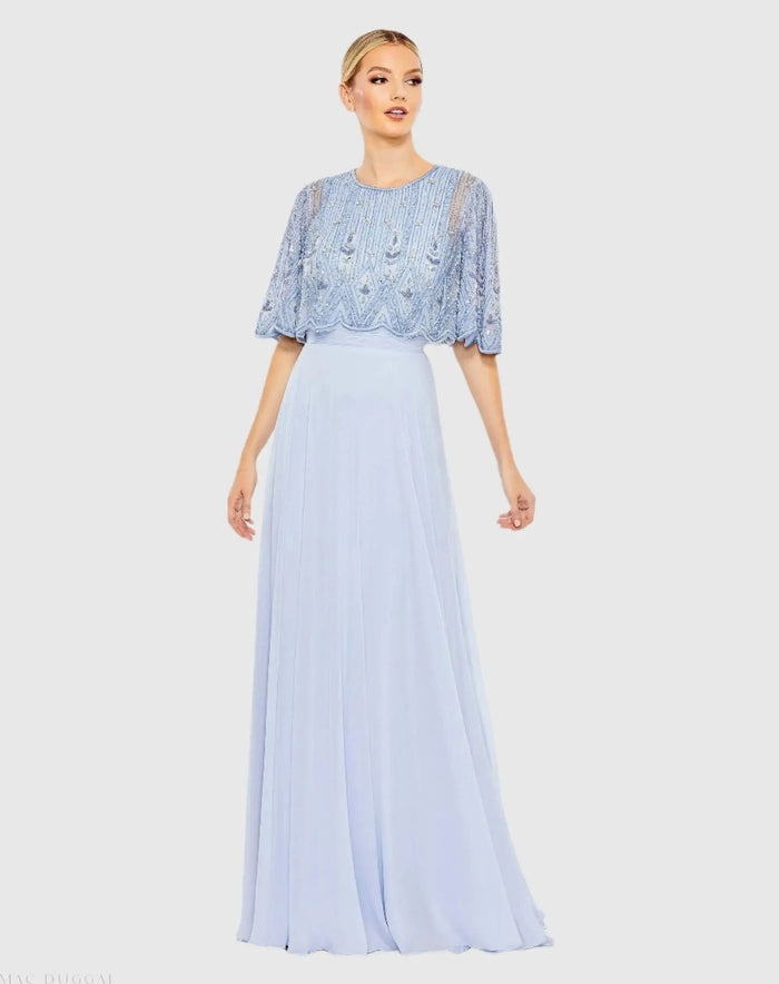 Blue Beaded Overlay A-Line Gown - Mac Duggal