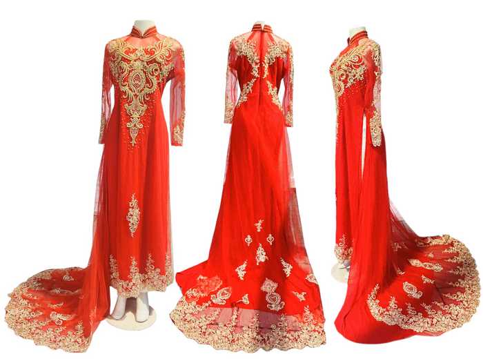 Beaded Red & Gold Bridal Ao Dai Set With Train