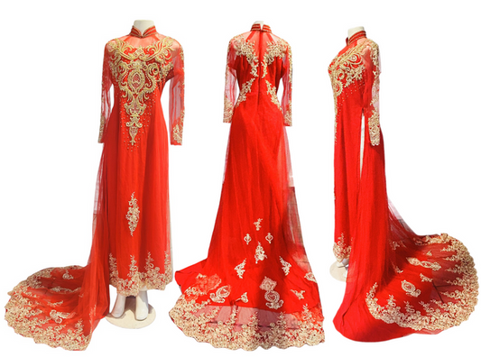 Beaded Red & Gold Bridal Ao Dai Set With Train