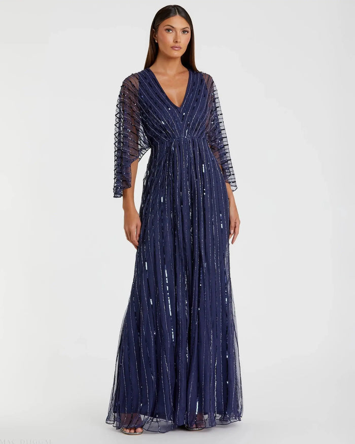 Navy Beaded Striping Kimono Sleeve V Neck Gown - Mac Duggal
