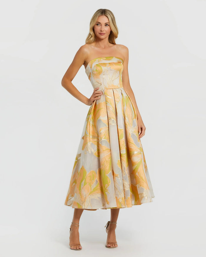 Beige and Orange Strapless Brocade Midi Dress with Pockets Mac Duggal