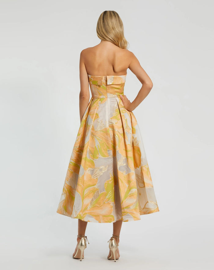 Beige and Orange Strapless Brocade Midi Dress with Pockets - Mac Duggal