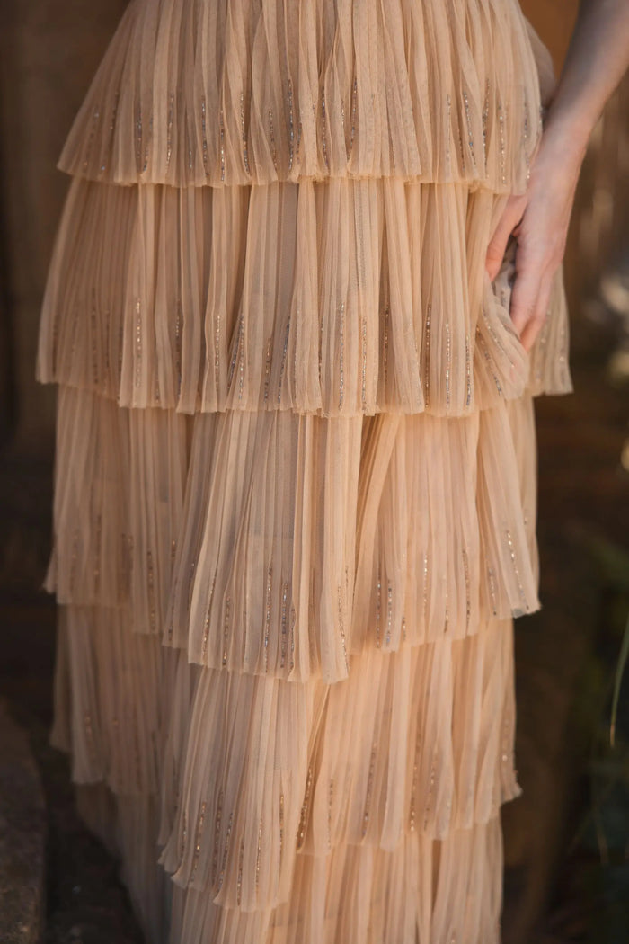 Beige Beaded Mesh V Neck Gown With Tiered Ruffles - Mac Duggal