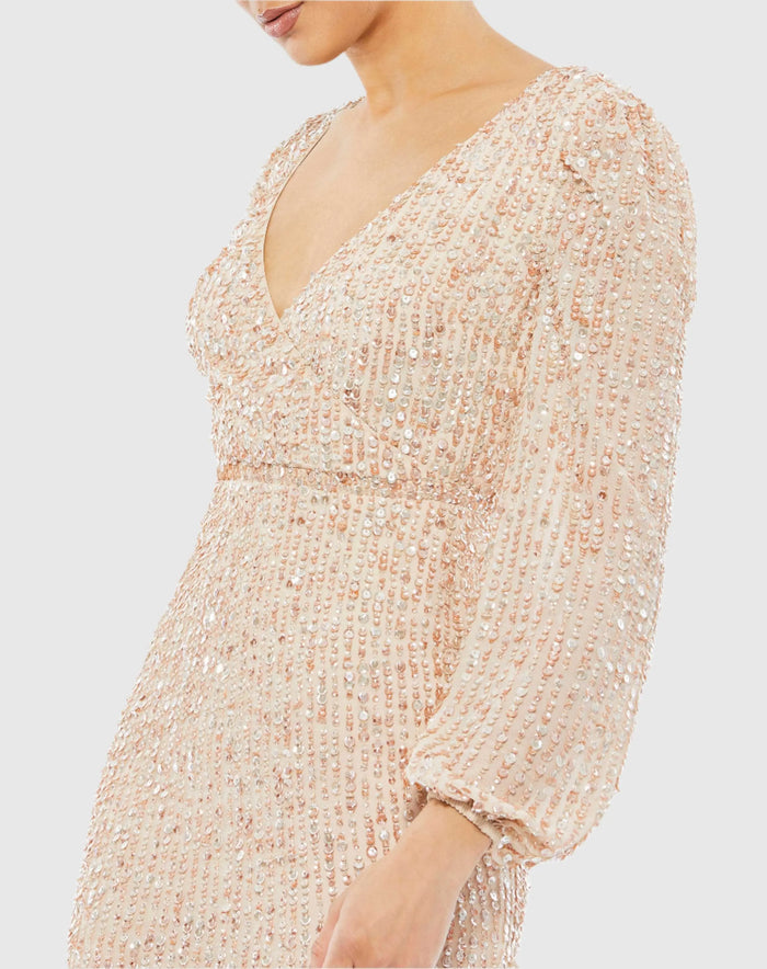 Sequined Illusion Puff Sleeve V Neck Midi Dress - Mac Duggal