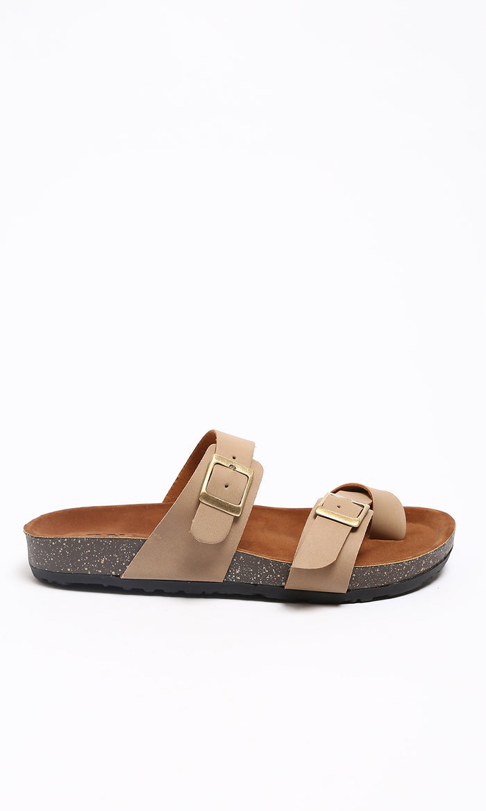 Beige Suede Double Strap Buckle Slides - R212538