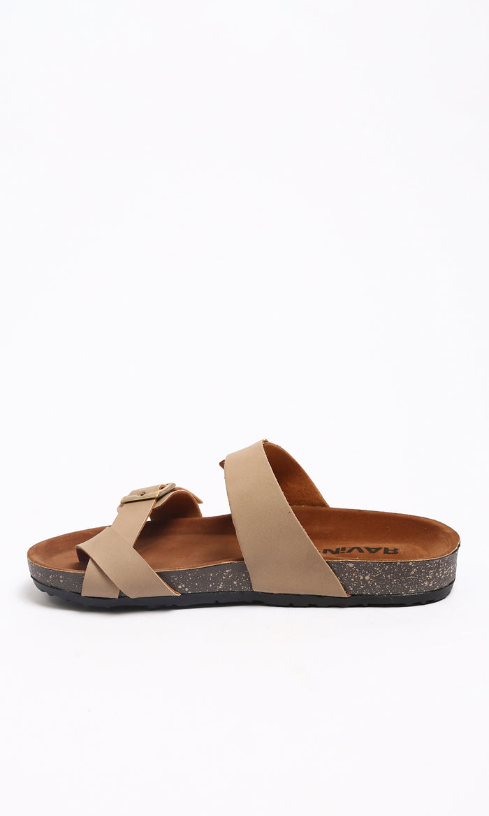 Beige Suede Double Strap Buckle Slides - R212538
