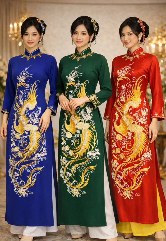 Three women wearing traditional embroidered dresses in blue, green, and red with phoenix designs.