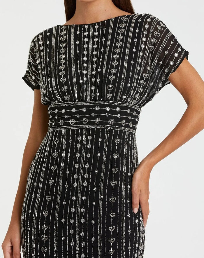 Black Beaded Cap Sleeve Empire Waist Sheath Midi Dress - Mac Duggal