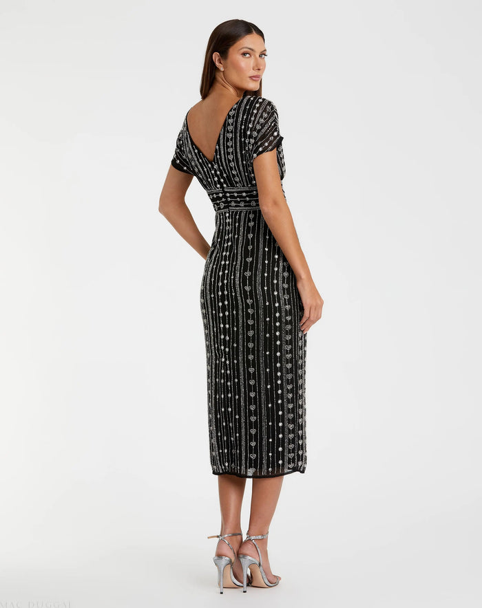 Black Beaded Cap Sleeve Empire Waist Sheath Midi Dress - Mac Duggal