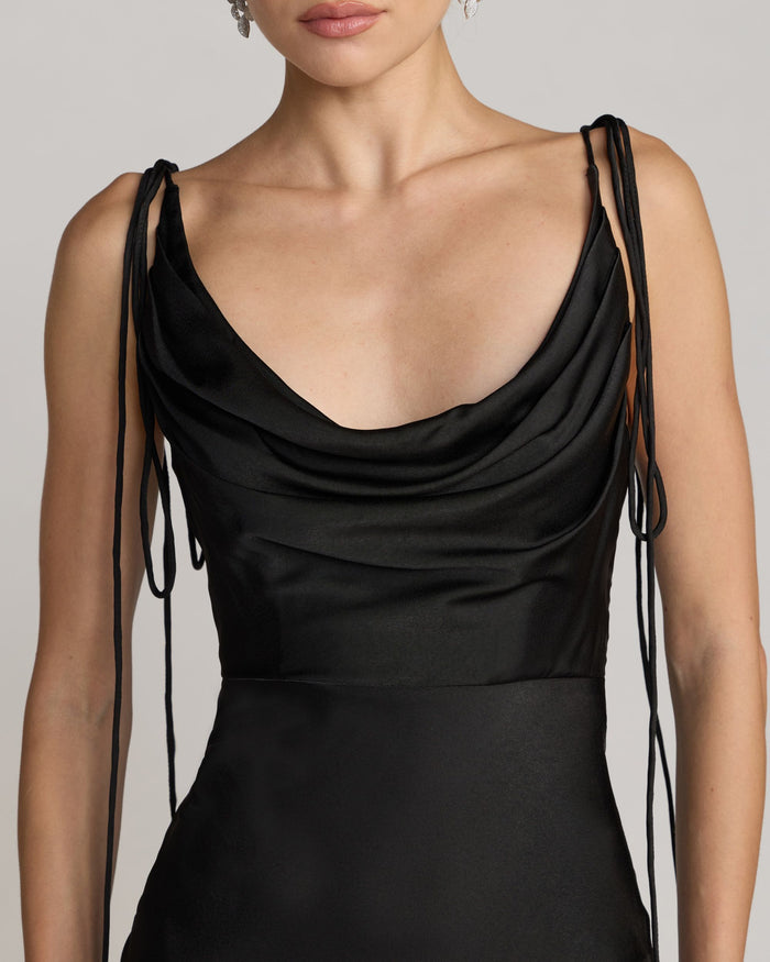 Black Charmeuse Cowl Gown With Thin Bow Straps Ieena for Mac Duggal