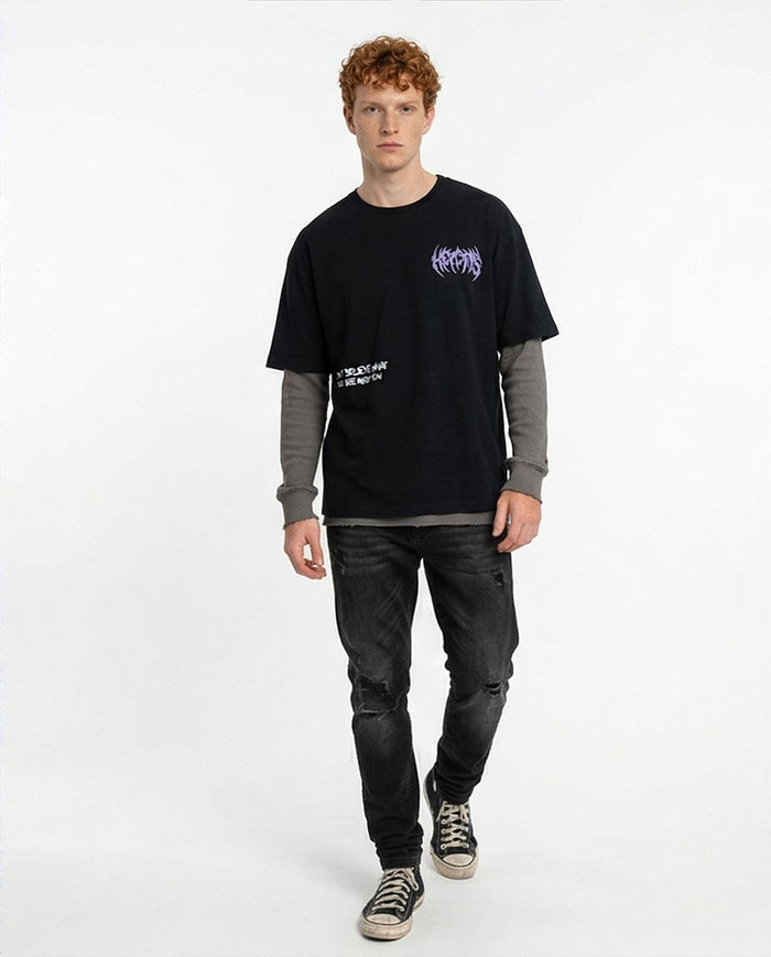 Black Oversized Graphic Streetwear Tee - O198306