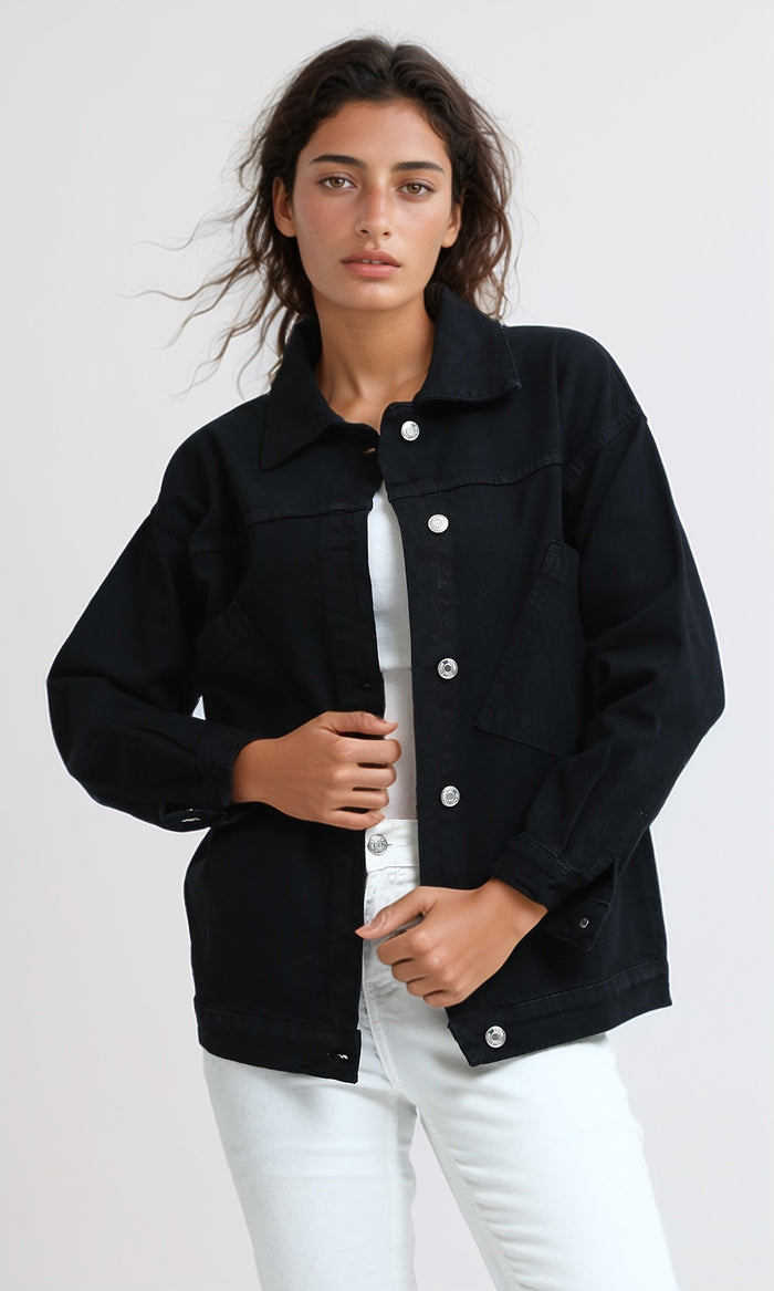 Black Regular Fit Graphic Print Denim Jacket - O200515