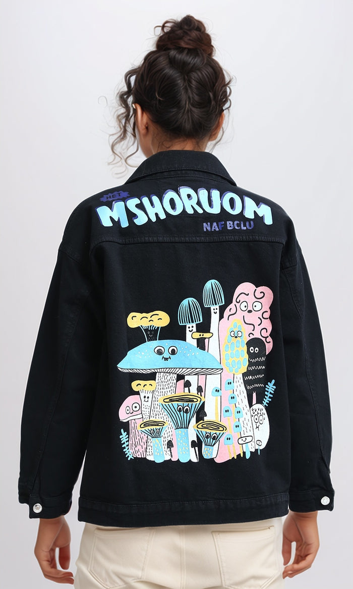 Black Regular Fit Graphic Print Denim Jacket - O200515