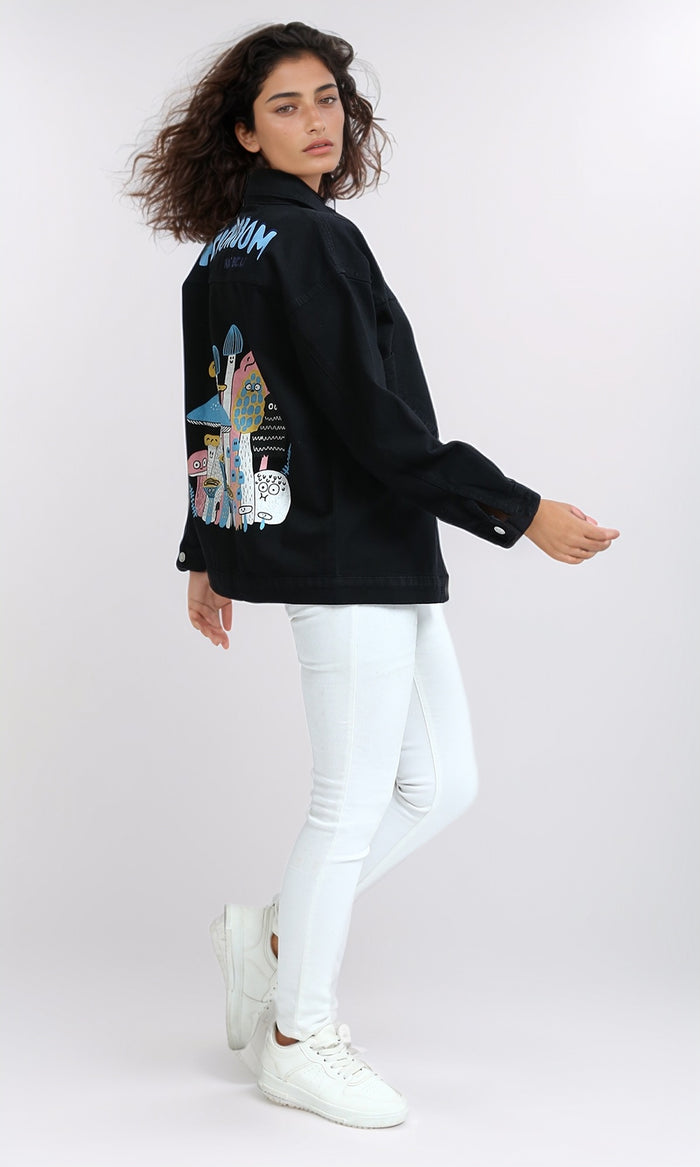Black Regular Fit Graphic Print Denim Jacket - O200515