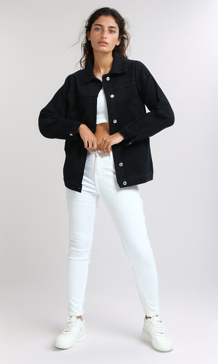 Black Regular Fit Graphic Print Denim Jacket - O200515
