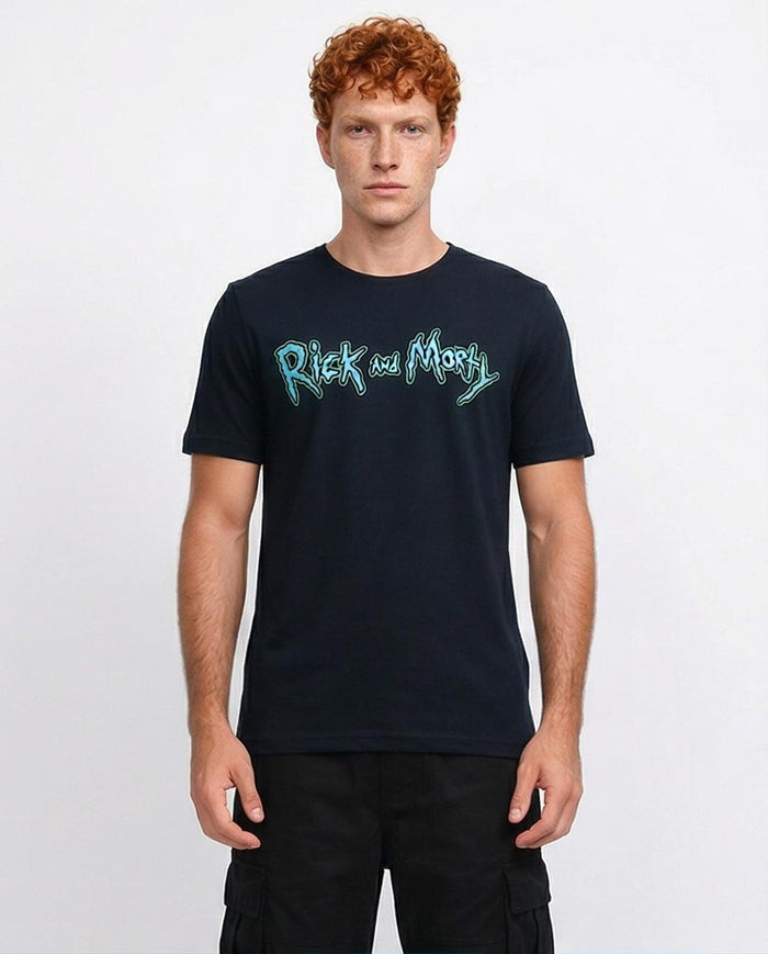 Person wearing a black t-shirt with 'Rick and Morty' logo on a white background