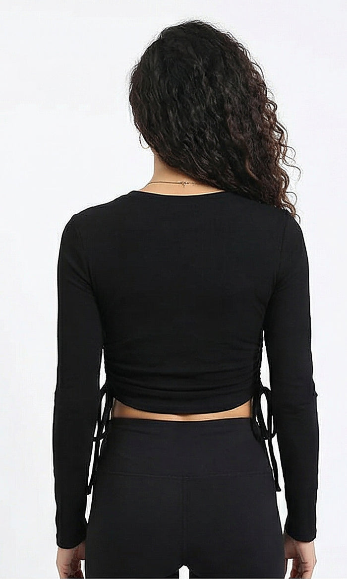 Black Ruched Side Cropped Long Sleeve T-Shirt - R215789