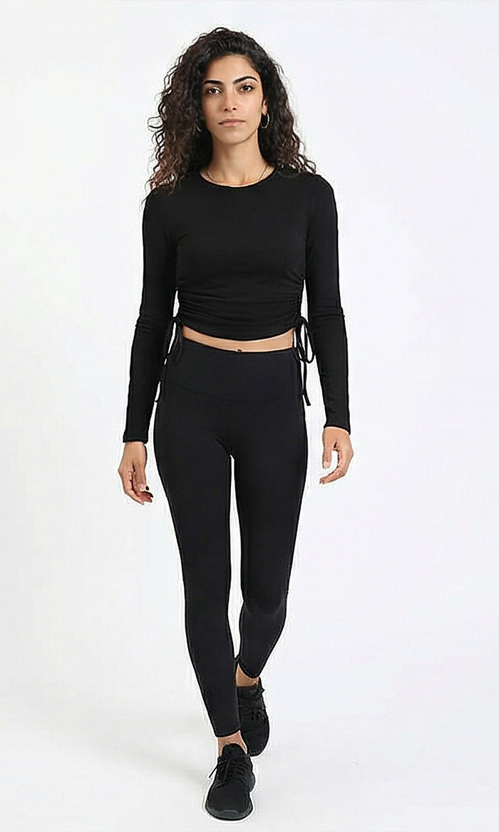 Black Ruched Side Cropped Long Sleeve T-Shirt - R215789