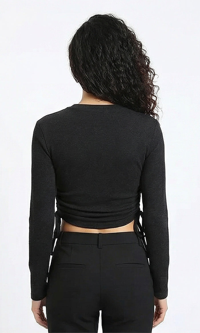 Black Side-Ruched Long Sleeve Cropped Top - R215794