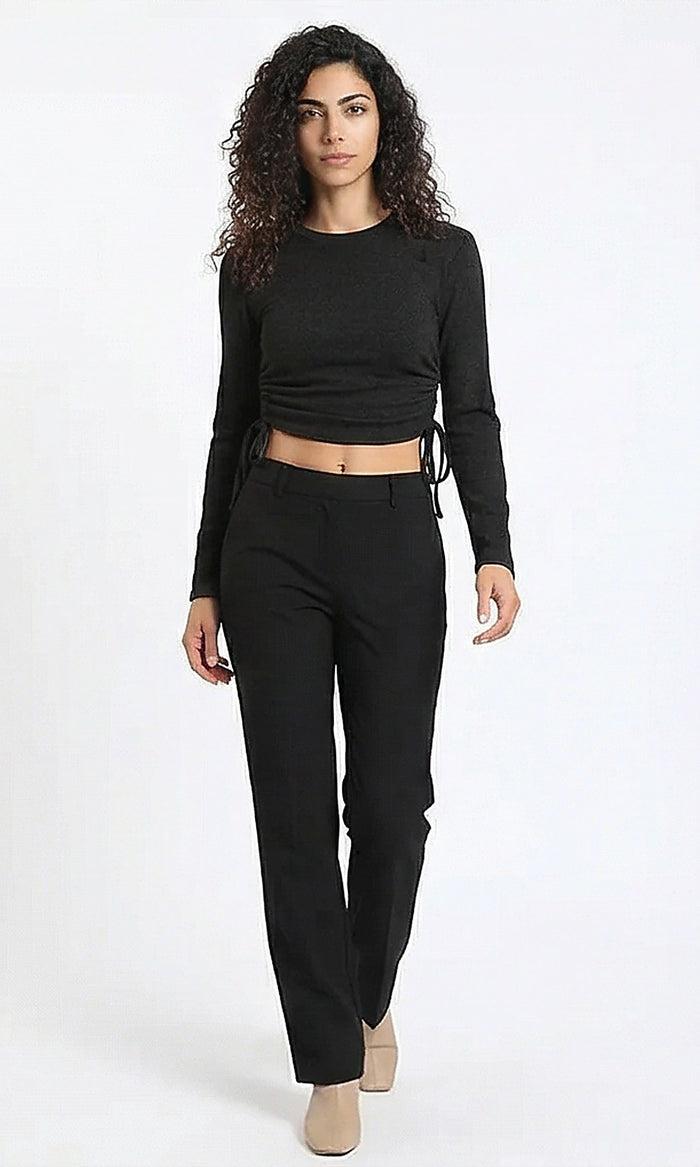 Black Side-Ruched Long Sleeve Cropped Top - R215794