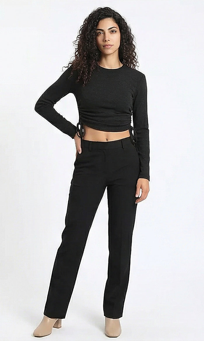Black Side-Ruched Long Sleeve Cropped Top - R215794