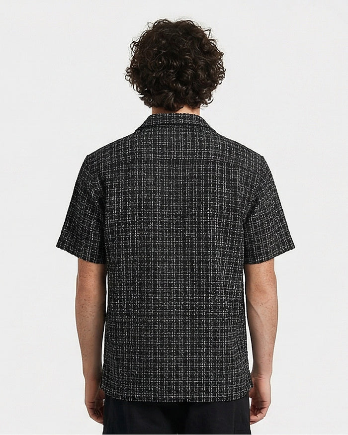 Black Textured Weave Camp Collar Short Sleeve Shirt - R216745