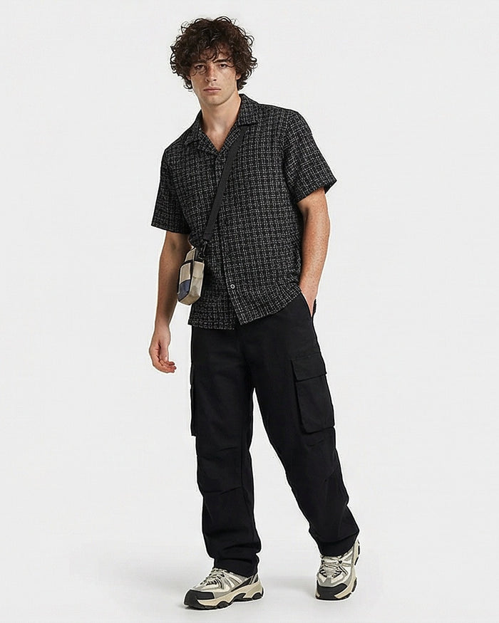 Black Textured Weave Camp Collar Short Sleeve Shirt - R216745