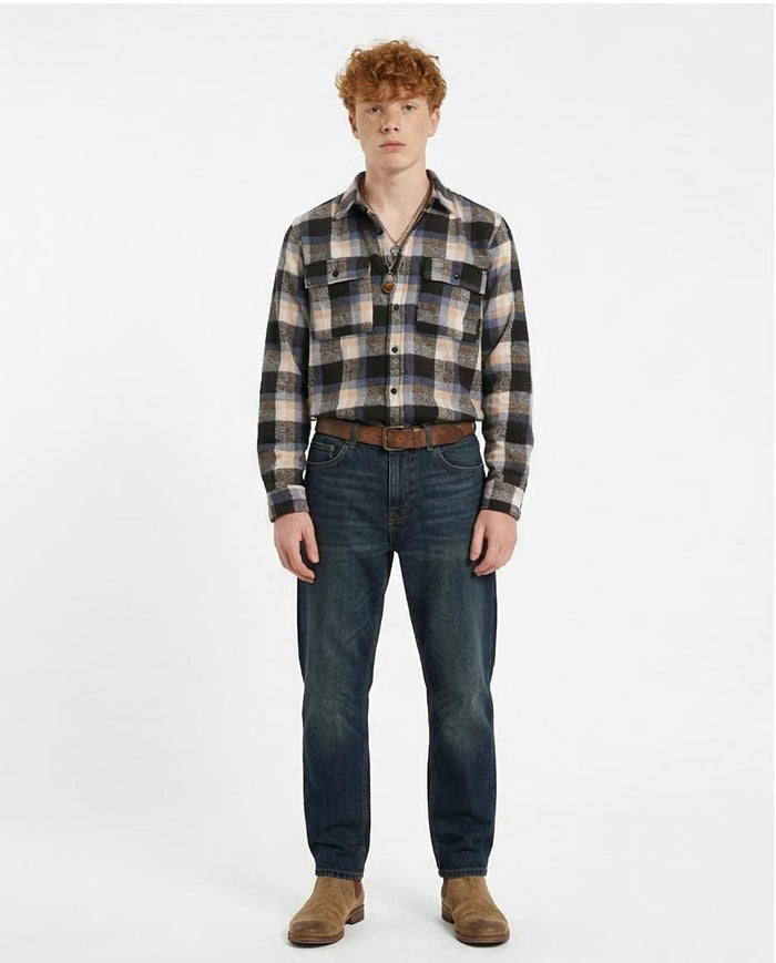Blue and Tan Plaid Flannel Overshirt - O200614