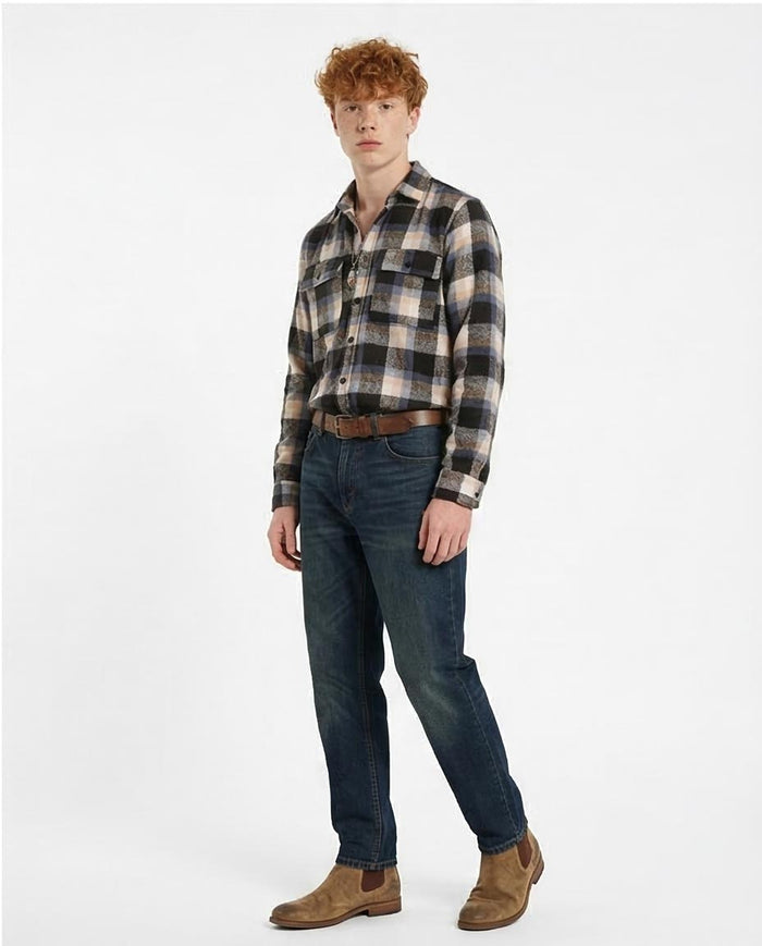 Blue and Tan Plaid Flannel Overshirt - O200614