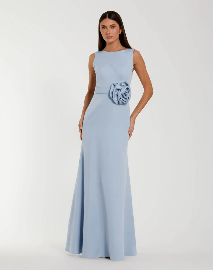 Blue Boat Neck Crepe A Line Gown With Flower Ieena for Mac Duggal