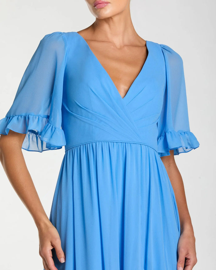Blue Faux Wrap Ruffle Trim A Line Gown Ieena for Mac Duggal