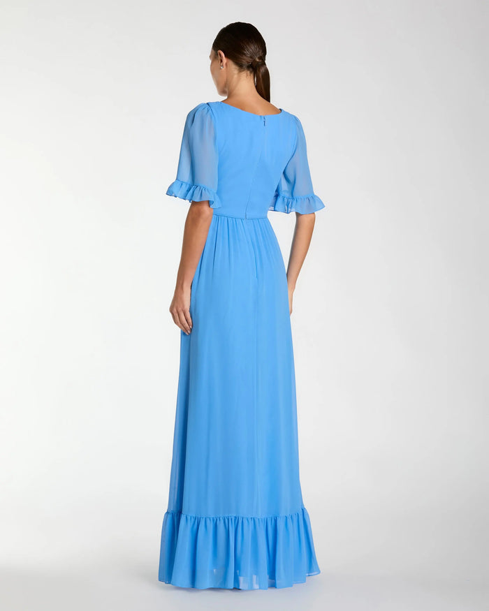 Blue Faux Wrap Ruffle Trim A Line Gown Ieena for Mac Duggal