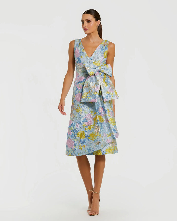 Blue Floral Brocade Sleeveless Midi Dress With Bow Ieena for Mac Duggal