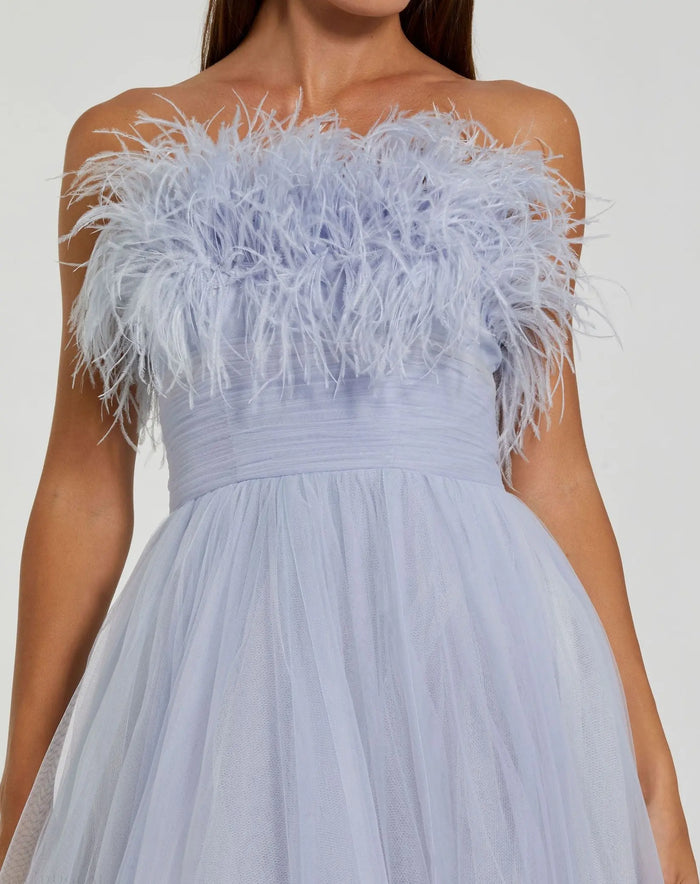 Blue Ombre Strapless Feather Bodice Tulle Gown - Mac Duggal