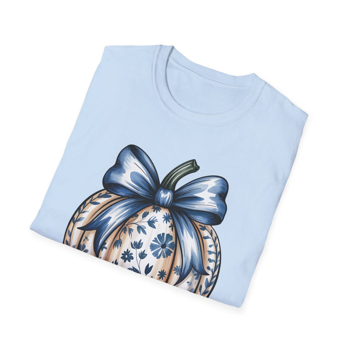 Blue Pumpkin Bow Graphic T-Shirt - funny t-shirt by Cheeky Business