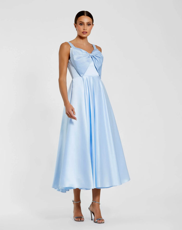 Blue Satin Midi Dress with Oversized Bow - Ieena for Mac Duggal