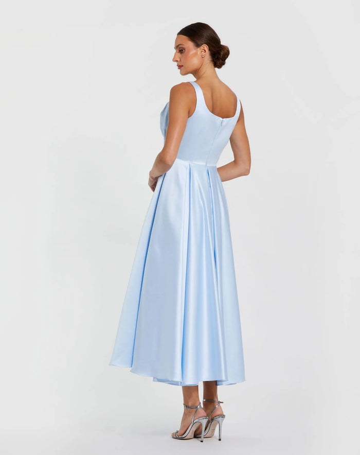 Blue Satin Midi Dress with Oversized Bow - Ieena for Mac Duggal