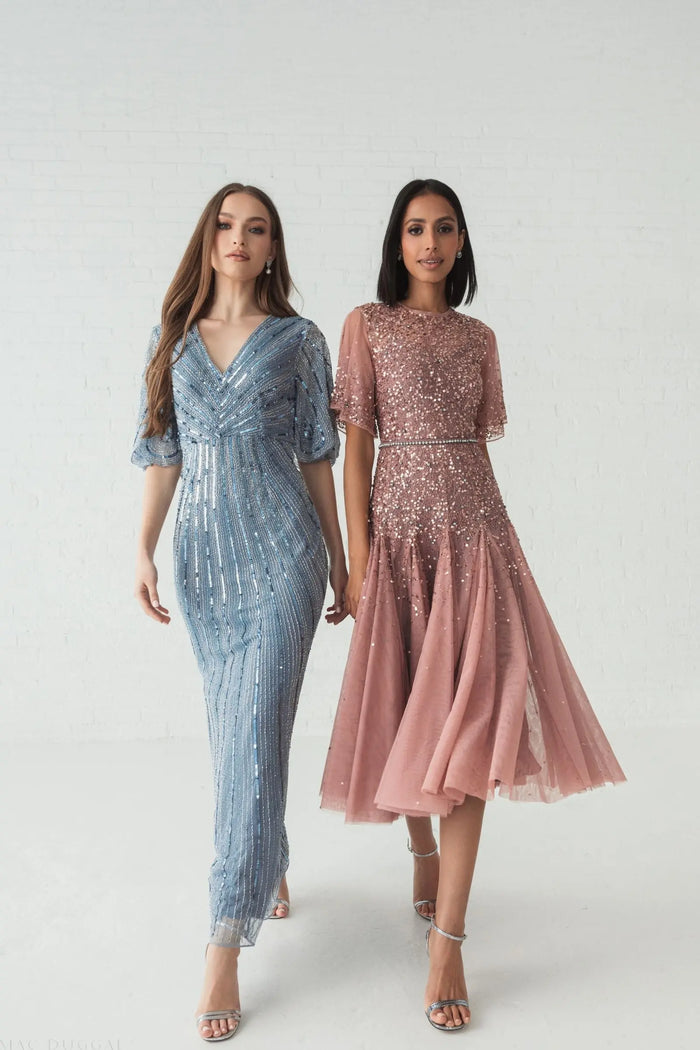 Blue Sequined V Neck Cape Sleeve Gown - Mac Duggal