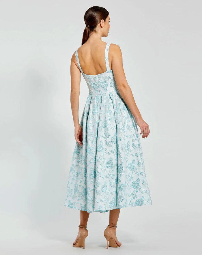 Blue Sleeveless Large Bow Detail Floral Brocade Dress - Mac Duggal