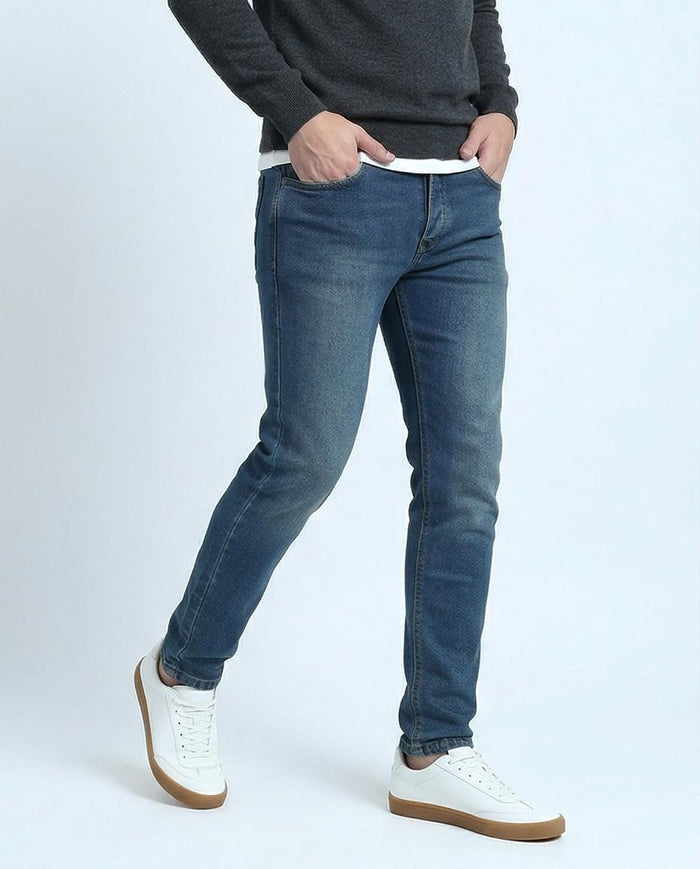 Blue Slim Leg Jeans - Solid Cotton Denim Pants for Men - O199296